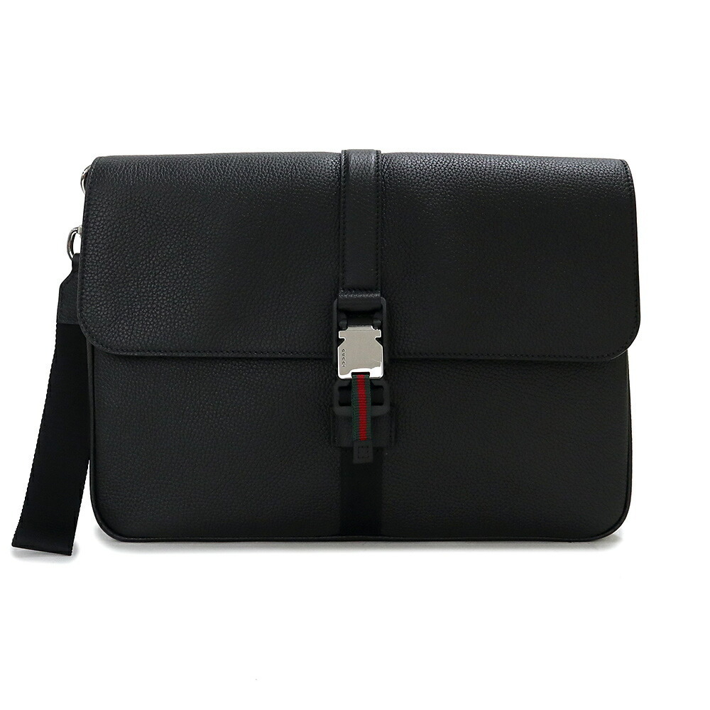 Gucci Web Stripe Business Clutch Bag Soft Grain Leather Black